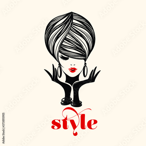 Woman with elegant hairstyle, makeup and jewelry.Fashion, style, beauty and hair salon illustration.Young lady portrait.Cute face isolated on light background.Red lipstick.