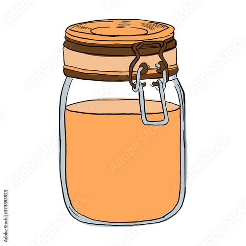 Cartoon jar with lid and wire snap with honey or jam. Vector illustration