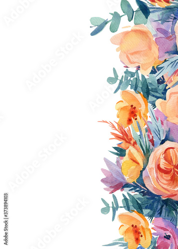 Bouquet of abstract flowers, greeting card, invitation, autumn composition, watercolor illustration