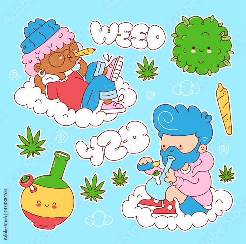 Weed cute characters stickers set. Vector cartoon character illustration bundle