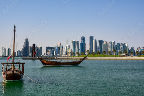 Dhow boat with Doha skyline in background