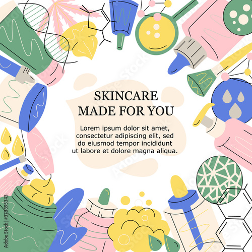 Round hand drawn flat vector frame made of beauty products and device, jars, tubes, dropper, cream, serum, dna, face roller, skin concerns, cbd, molecules structure, magnifying glass with text.