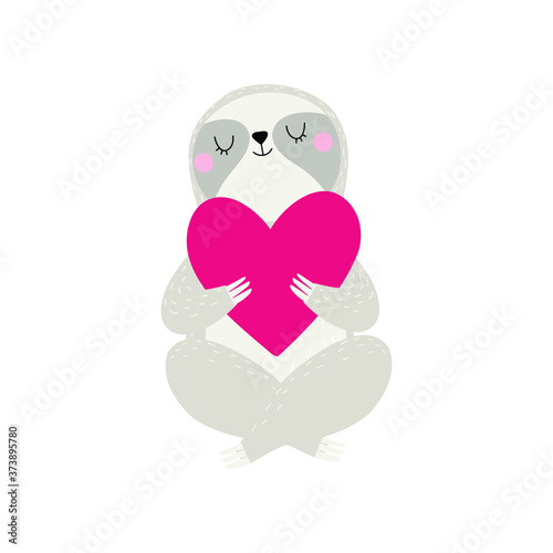 Cute little sloth with heart. Valentines day card.