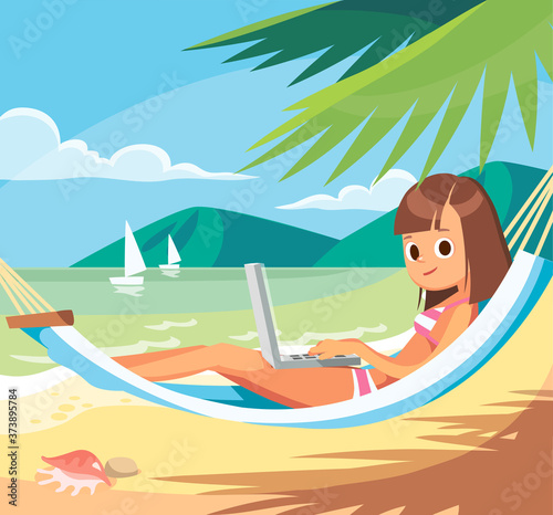 Girl woman male freelancer working telecommuting with laptop teleworking from beach paradise seashore laying in hammock under palms. Seaside landscape.