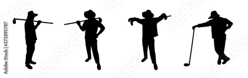 The farmer standing and posing with hoe. Different character. Silhouette vector design. Gardener, field, agriculture. 