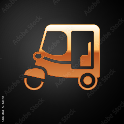 Gold Taxi tuk tuk icon isolated on black background. Indian auto rickshaw concept. Delhi auto. Vector.