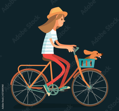 Girl woman man rides bike bicycle with dog. Escape from the city. Bike ride.