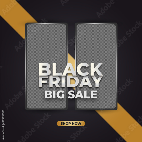 Black Friday sale banner or poster with smartphone mockup on black and gold background