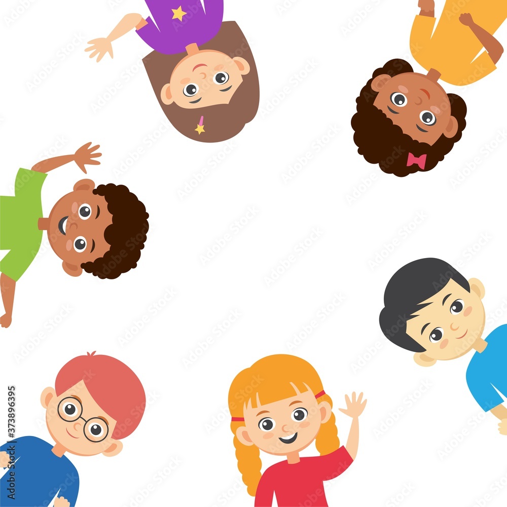 Square banner with children looking out. Multiracial kids peeking out and waving vector illustration Square banner with children looking out. Multiracial kids peeking out and waving vector illustration