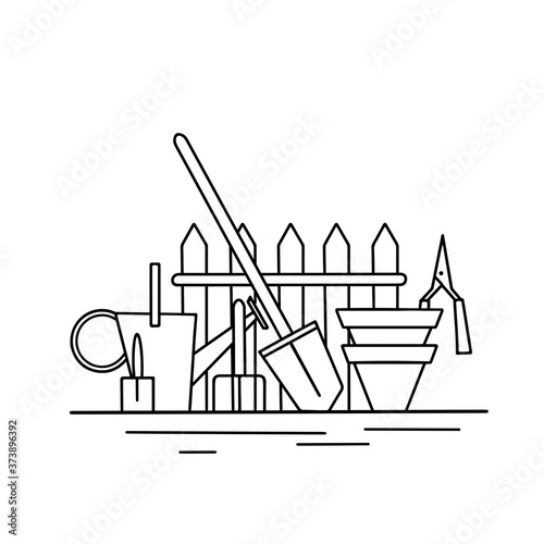 Contour illustration of gardening tools. Watering can, shovel, rake, pots and fence. An active hobby in nature. Vector outline drawing for coloring pages, logos, banners and your design.