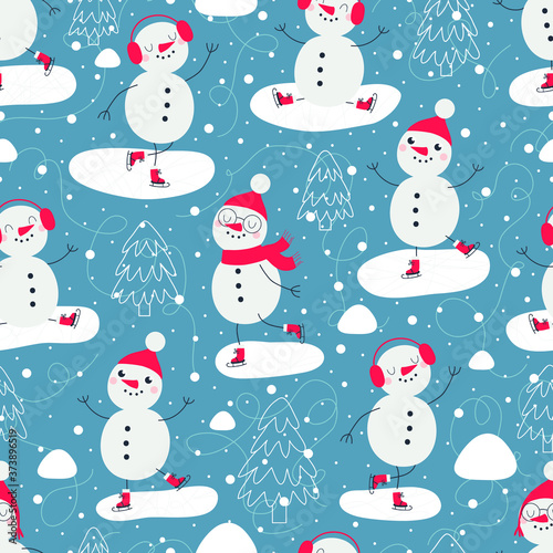 Christmas seamless pattern with snowmen ice skater.