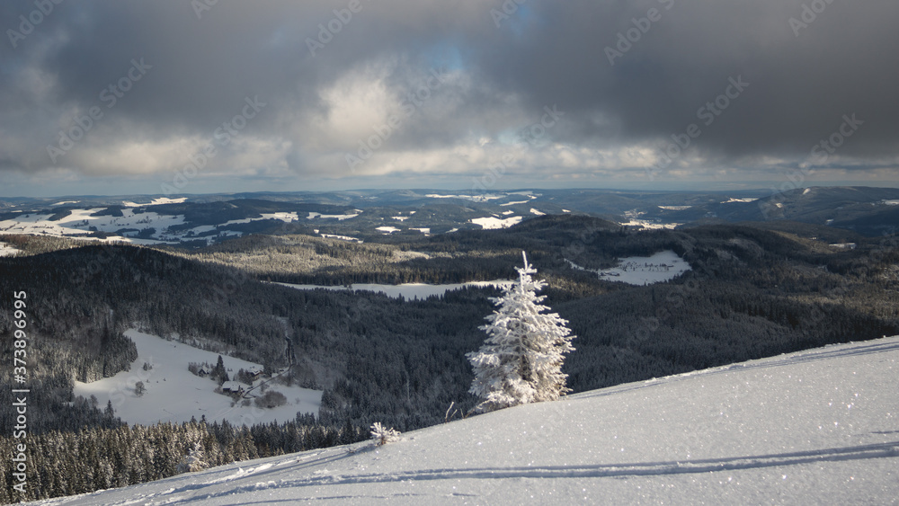 White winter mountain landscape. focus on mountains in the background.