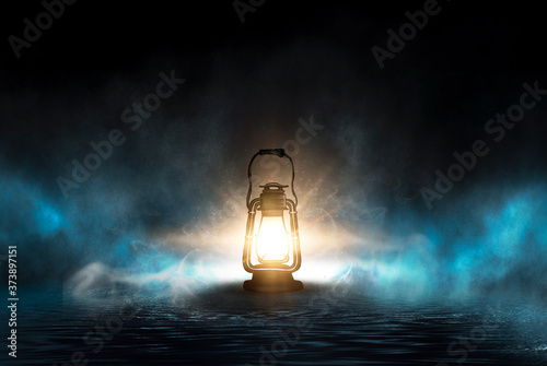 Dark night background in the forest, reflected in the water. Pumpkin is reflected from water, neon light, smoke, flashlight, fog. Halloween Party. 3d illustration