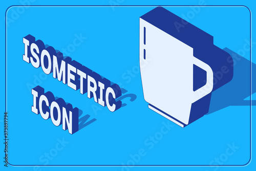 Isometric Coffee cup icon isolated on blue background. Tea cup. Hot drink coffee. Vector.