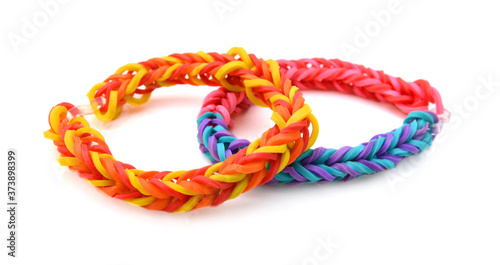 Close up of bracelet made with rubber bands
