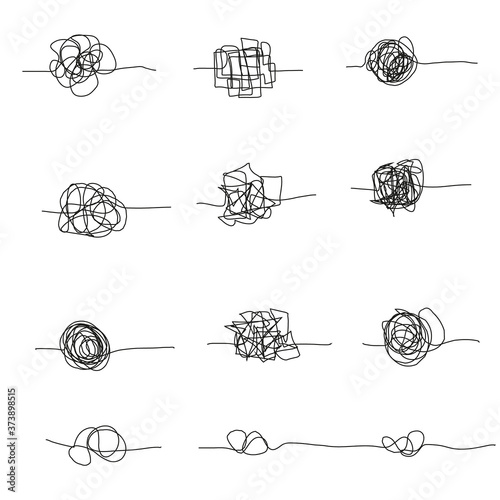 Set of random chaotic lines. Hand drawing insane tangled scribble clew. Vector icon isolated on white background. Editable stroke.
