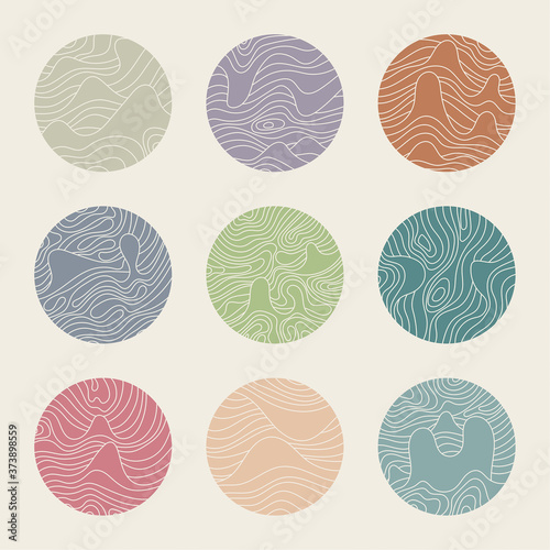 Set of round modern minimal logo with organic shapes with dynamic waves and lines. Vector emblem for cosmetics, beauty industry. Hand drawn templates different colors.