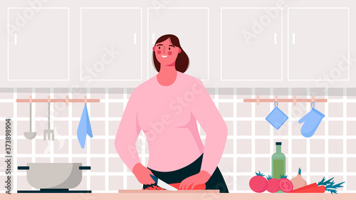 Home cooking. Woman cooking in kitchen. Young girl preparing healthy meals at home, making lunch or dinner, cutting vegetables. Pastime activity or culinary hobby. Flat colorful vector illustration.