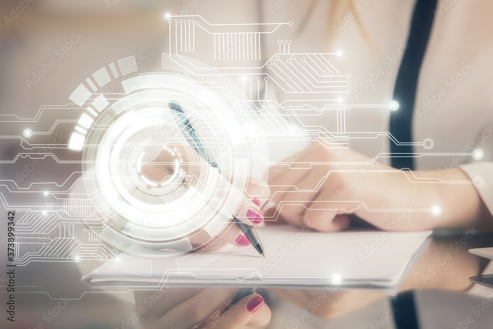 Multi exposure of woman's writing hand on background with data technology hud. Big data concept. Multi exposure of woman's writing hand on background with data technology hud. Big data concept.