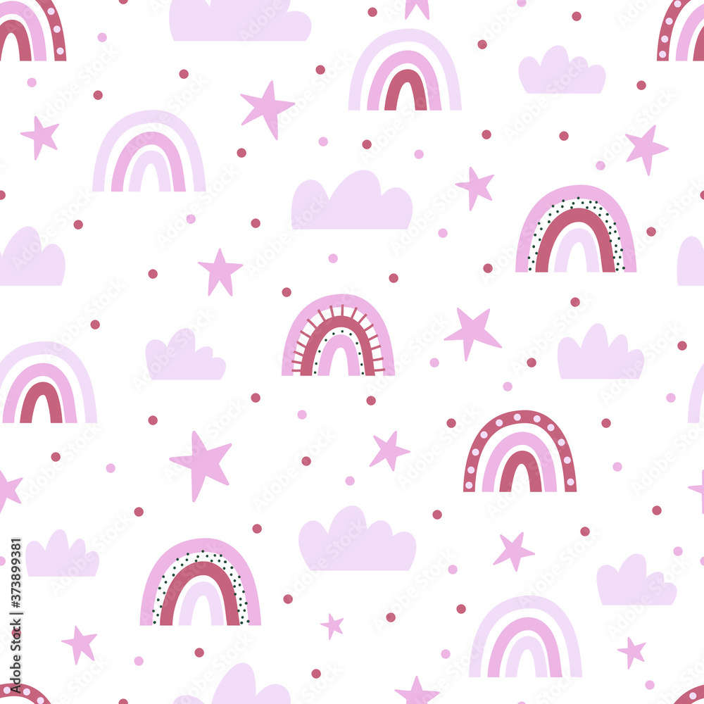 Seamless pattern with pink clouds, stars and rainbows. Seamless pattern with pink clouds, stars and rainbows.