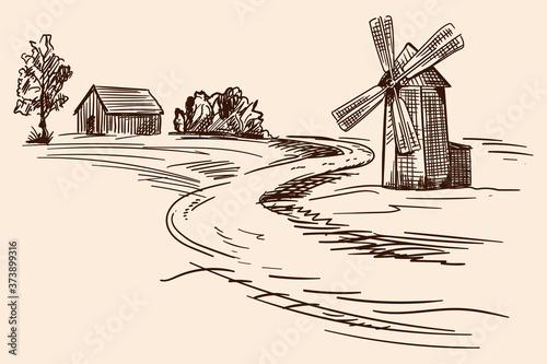 Countryside landscape with wooden houses and a mill. Pencil hand sketch on a beige background.