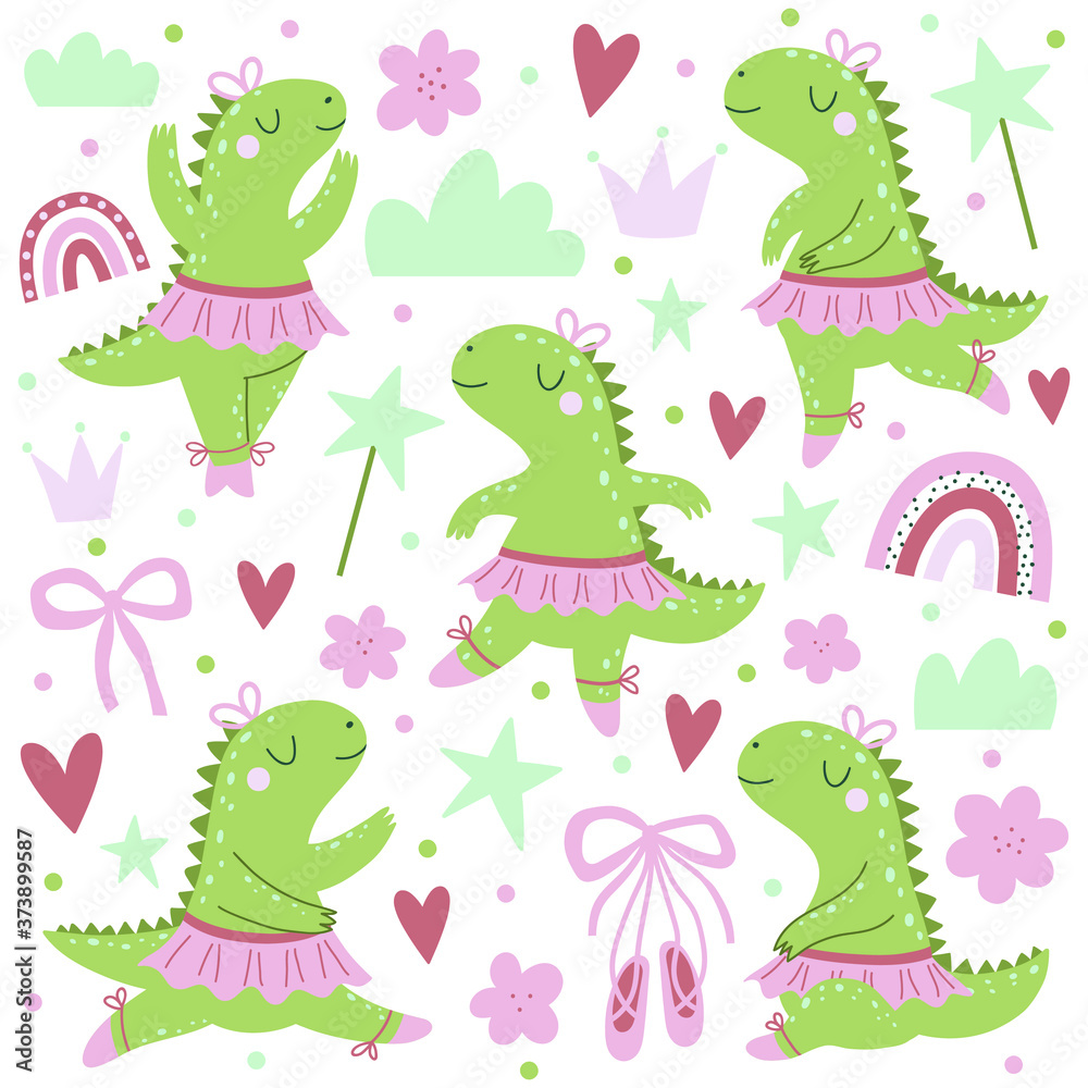 Obraz premium Vector set with cartoon dinosaurs ballerinas and different design elements.
