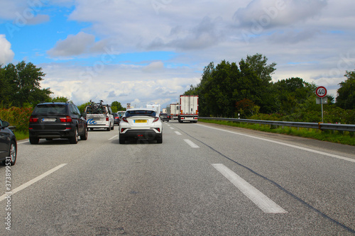 Traffic jam at the German-Danish border due to entry control (A7 near Flensburg, Germany) photo