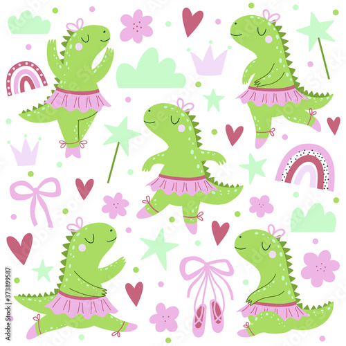 Vector set with cartoon dinosaurs ballerinas and different design elements.
