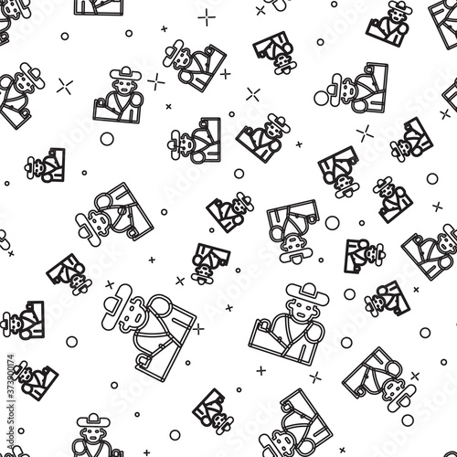Black line Spain bullfight, matador icon isolated seamless pattern on white background. Traditional Spanish entertainment. Vector.