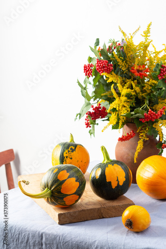 Beautiful bouquet of ragweeds, zinnia and branches of viburnum in a clay pot, fresh harvest of pumpkins on a table against a white wall photo