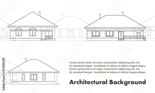Architectural background with facades of houses. The drawing of the cottages. Isolated on white background. Vector monochrome illustration EPS10