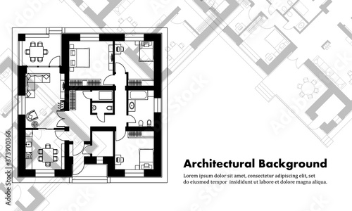 Architectural background. Part of architectural project, architectural plan of a residential building. Black and white vector illustration EPS10.