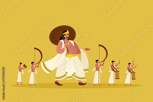 Mythical King of Kerala 'Mahabali' walking along with people playing percussion instruments during the Onam Festival