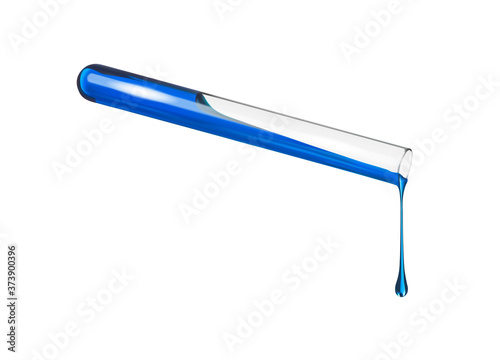 Test tube with a dripping drop of blue liquid on a white background. 3d vector illustration