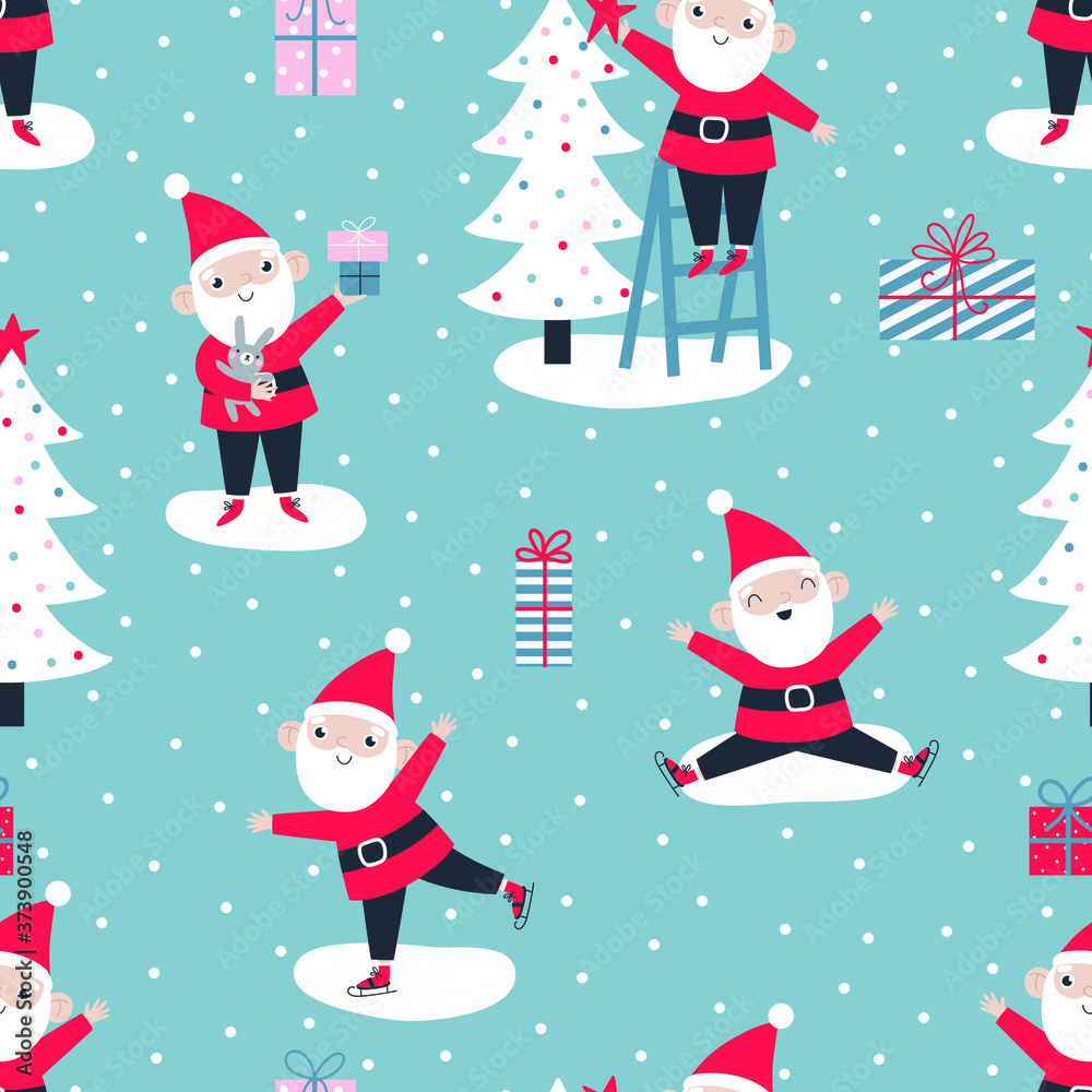 Christmas seamless pattern with Santa Claus, presents and trees.