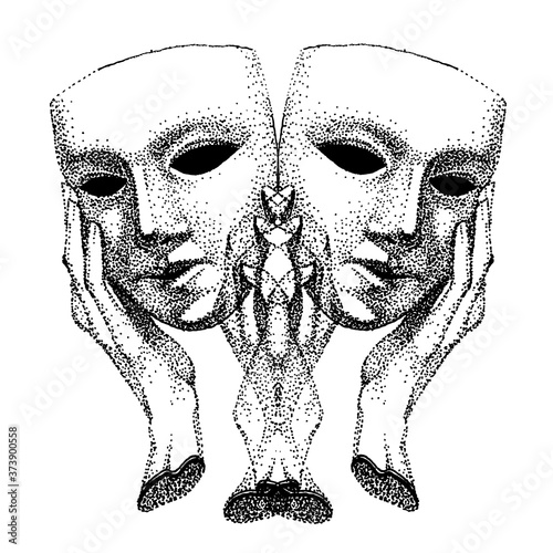 Mask in hands. Symbol of theater, drama portrait. Actor, hypocrite, pretender, trickster, many faces. Vintage black and white template. retro style.