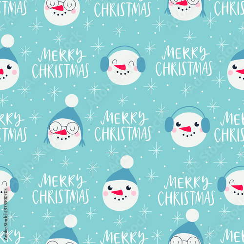 Christmas seamless pattern with snowman and text Merry Christmas.