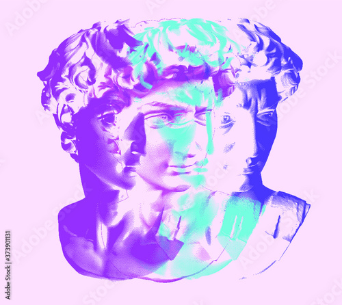 Plaster bust in bitmap pixel art style. Vaporwave and retrowave aesthetics from the 80s.