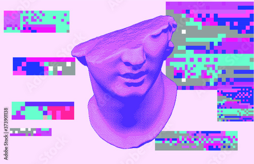 Cyberpunk-style collage with fragmentary  colossal 3D head and pixel artifacts. Vaporwave and retrowave aesthetics from the 80s.