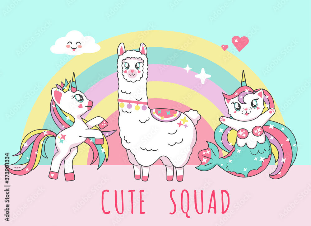 Cute unicorn, lama alpaca, mermaid cat, flamingo and inscription cute unicorn squad vector illustration Cute unicorn, lama alpaca, mermaid cat, flamingo and inscription cute unicorn squad vector illustration