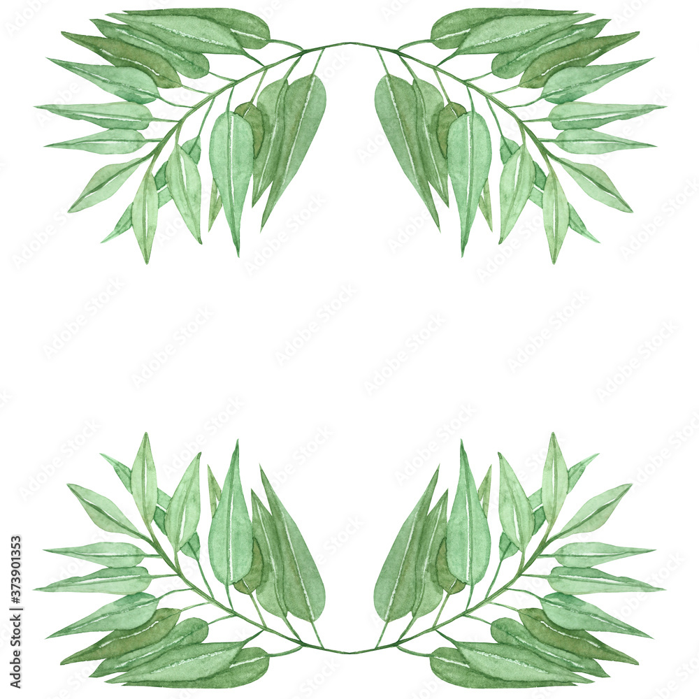 Watercolor hand painted nature greenery frame wreath with green eucalyptus leaves on branches composition on the white background for invitation and greeting card with the space for text Watercolor hand painted nature greenery frame wreath with green eucalyptus leaves on branches composition on the white background for invitation and greeting card with the space for text