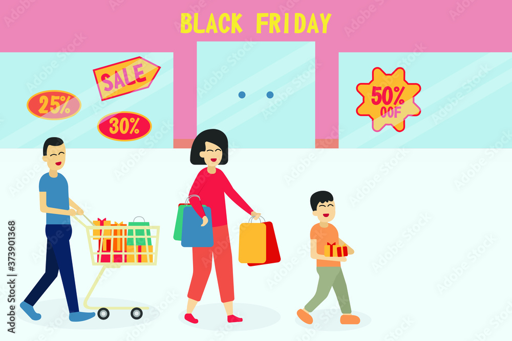 Black Friday sale vector concept. Family group shopping in the mall on Black Friday