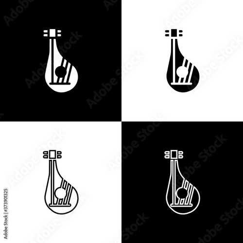 Set Ukrainian traditional musical instrument bandura icon isolated on black and white background. Vector.
