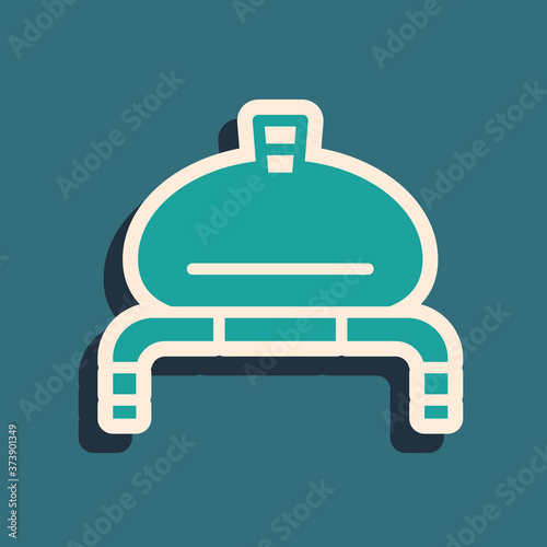 Green Bread and salt on towel icon isolated on green background. National food loaf. Traditional ukrainian wedding bread. Long shadow style. Vector.