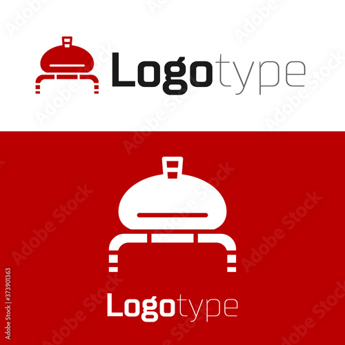 Red Bread and salt on towel icon isolated on white background. National food loaf. Traditional ukrainian wedding bread. Logo design template element. Vector.