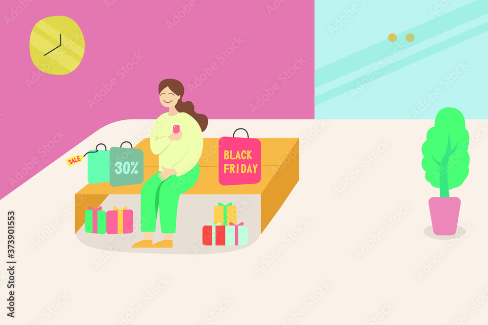 Black Friday sale vector concept: woman relaxing happily after shopping on Black Friday