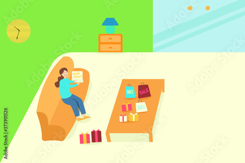Black Friday sale vector concept: Woman online Black Friday shopping happily on her laptop.