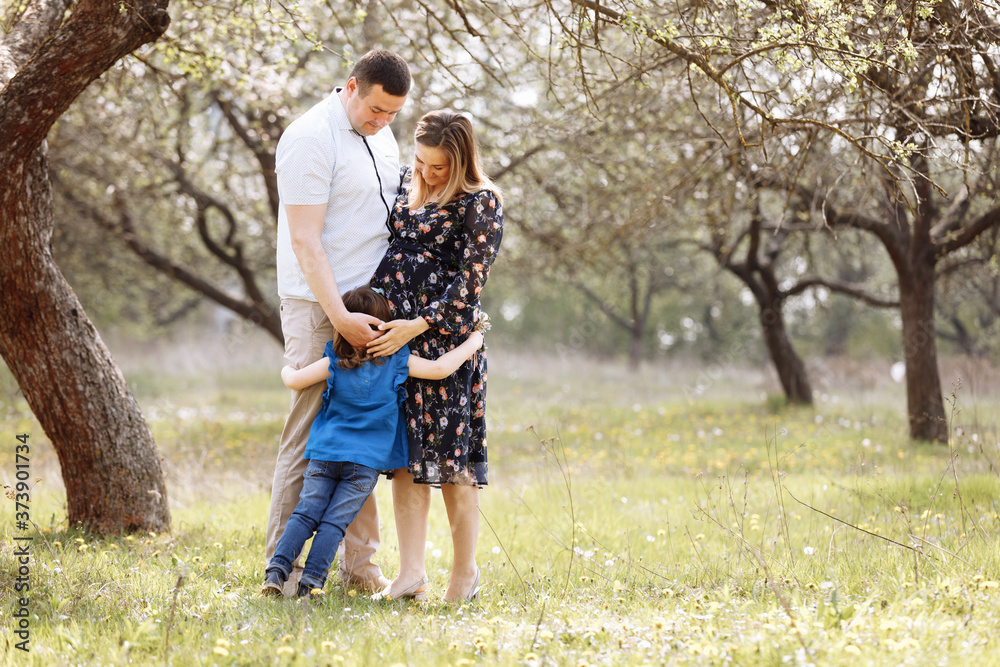 pregnant mother, father hold hands daughter enjoy nature and walk in spring blooming park. Young family spending time together on vacation, outdoors. The concept of family holiday. pregnant mother, father hold hands daughter enjoy nature and walk in spring blooming park. Young family spending time together on vacation, outdoors. The concept of family holiday.