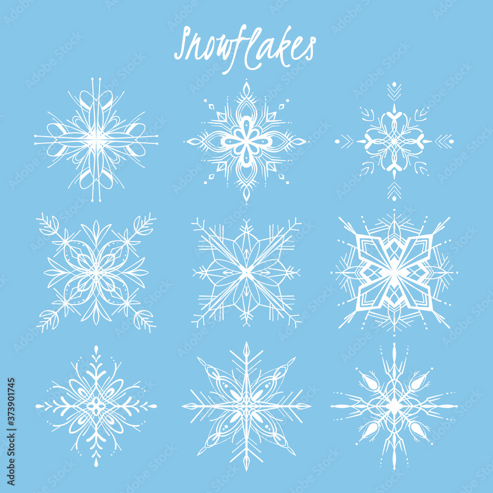 Set of Snowflakes Winter Clipart, Christmas holiday snow decor clip art Christmas Cards, hand-drawn, graceful delicate white snowflakes isolated on blue background. Vector