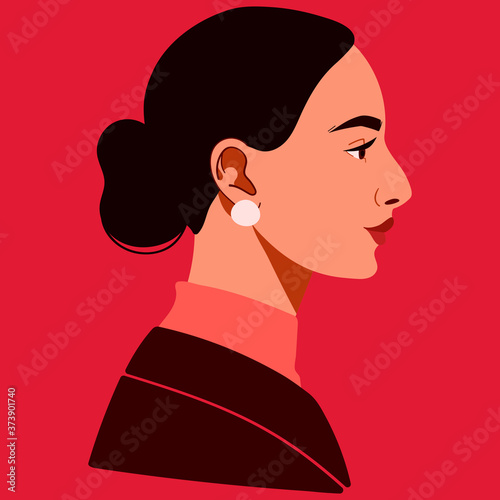 Portrait of a charming woman in profile. Beautiful girl with brown eyes, black hair, bun. Happy female student in a jacket and turtleneck. Vector illustration for a profile avatar in a social media.